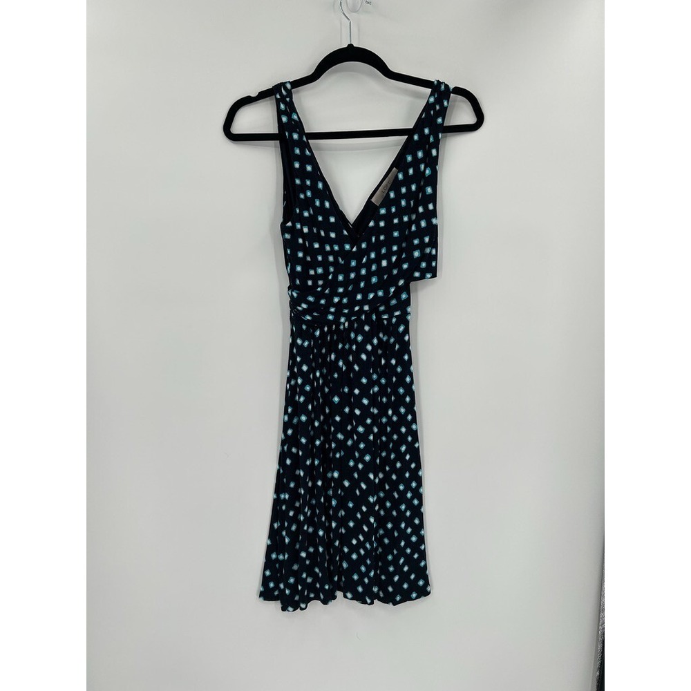 Loft Petites Womens Size XXSP Black Blue Polka Dot V-Neck‎ Knee Length Dress
